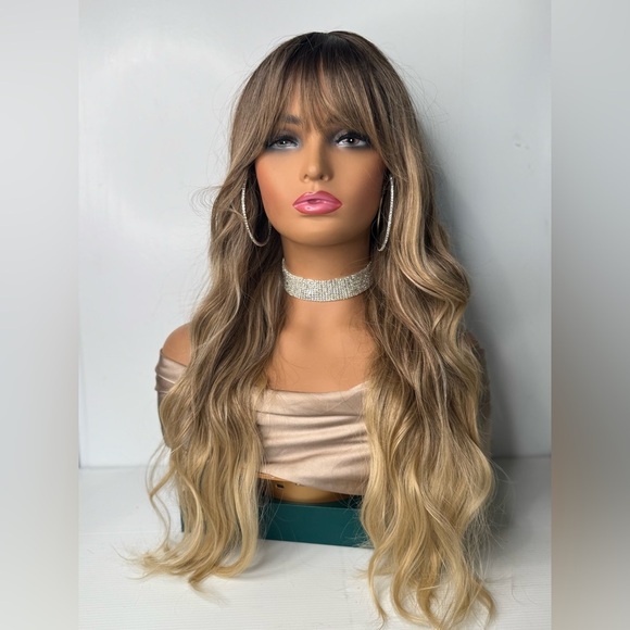 Long Blonde Ombre Wig with Bangs – Wavy Layered Heat Safe Synthetic Hair - Picture 2 of 9